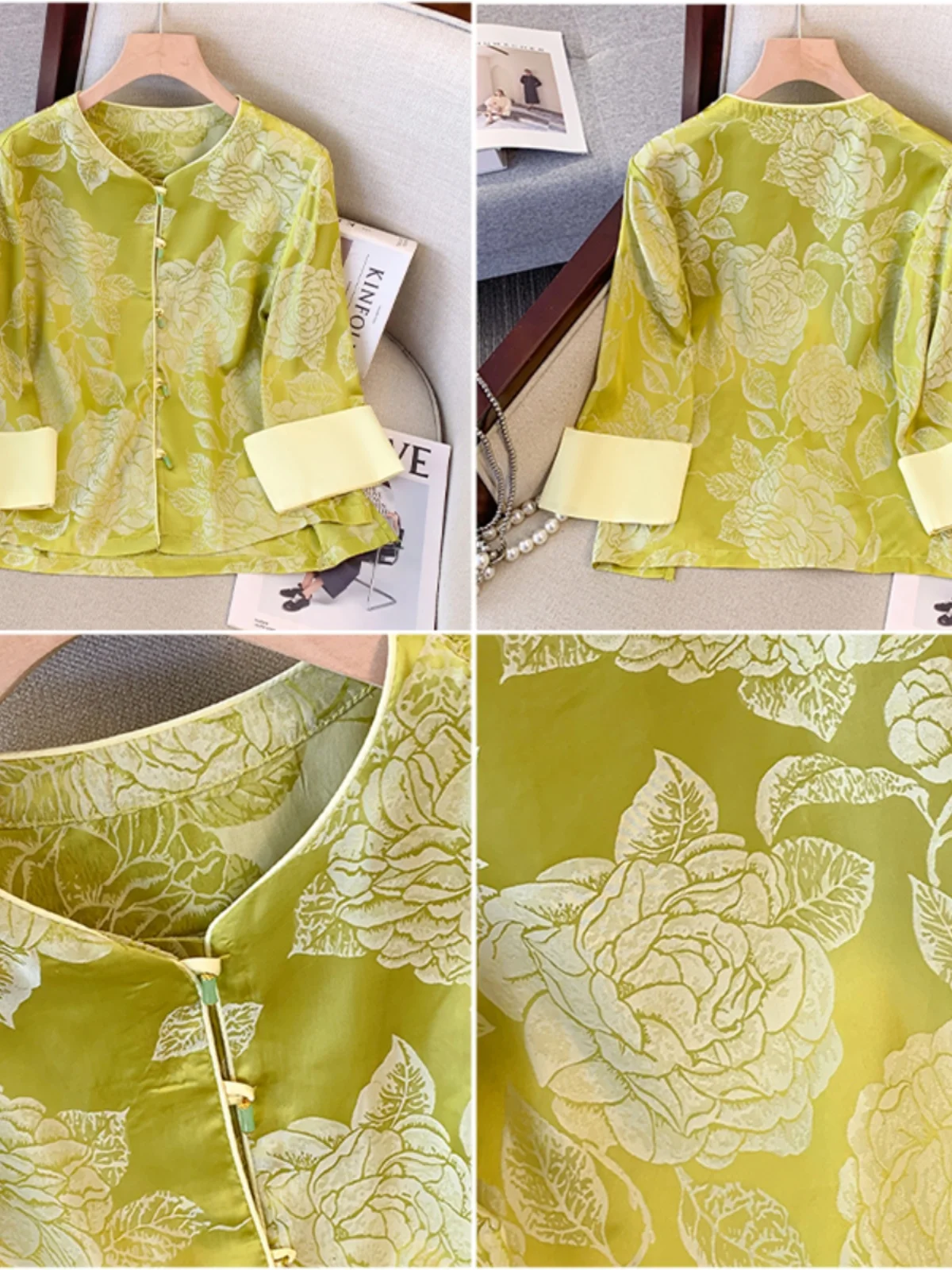 เสื้อคลุมผ้าไหมสไตล์เกาหลีสำหรับผู้หญิง แฟชั่นลายพิมพ์ ชุดกี่เพ้า เสื้อคลุมอเนกประสงค์ สวมใส่ได้ทุกวัน