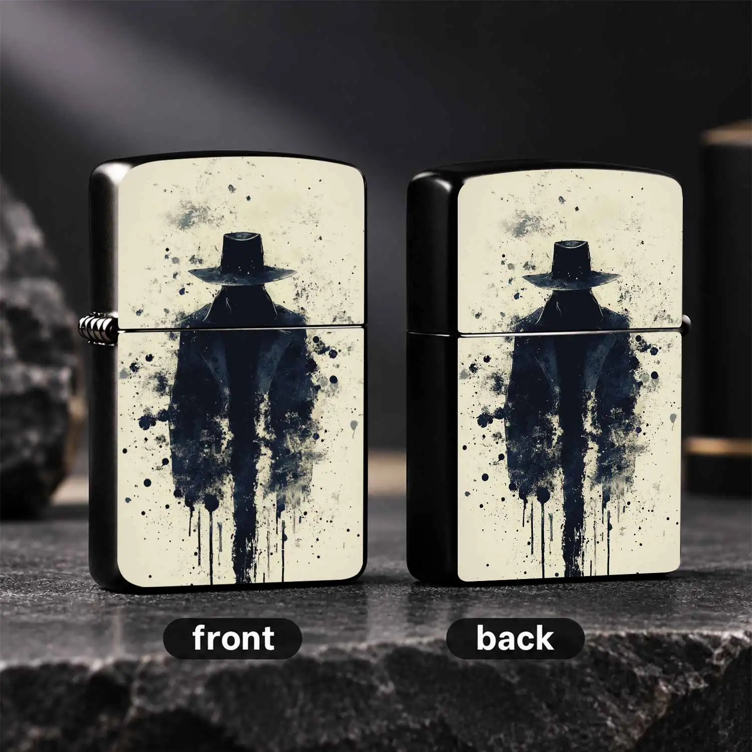 Vintage Ink Splash Mysterious Figure, Wide Brim Hat Coat Silhouette Art Print Durable Housing Windproof , Unique Retro Artistic Collectible, Exquisite Portable Edc, Creative Gift For Father Boyfriend On Birthday Holiday A Fun And Humorous L