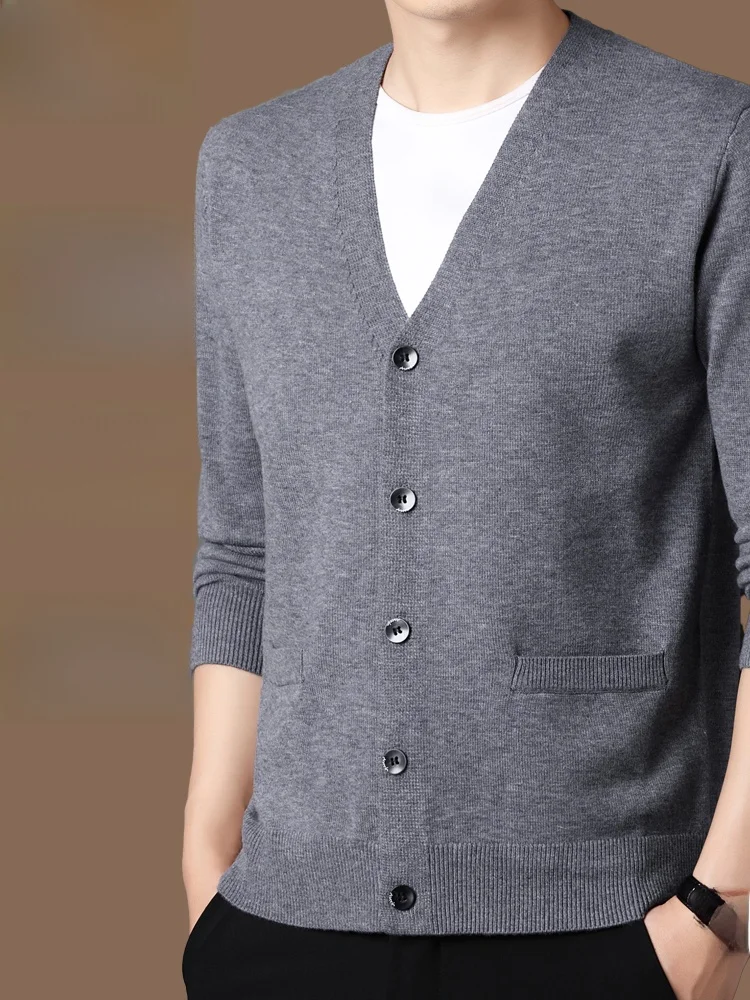 

Осенне-зимний вязаный шерстяной кардиган с длинным рукавом, V-образным вырезом и пуговицами, мужской свитер-жакет, теплый, модный, повседневный, свободного кроя