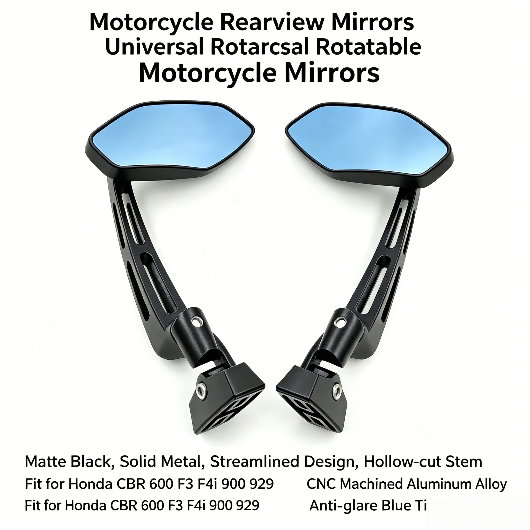 1 Pair Rotatable Hollow Stem Motorcycle Mirror Black Chrome Anti-glare Lens For Honda CBR Sport Bike