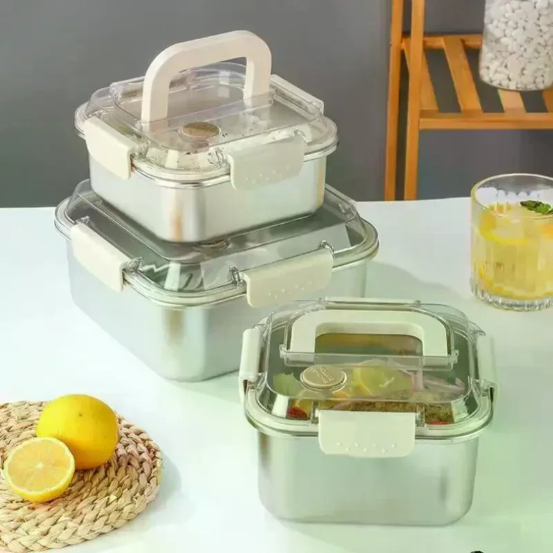 Portable Stainless Steel Fruit Salad Food Container Large Capacity Seal Lunch Box With Handle Lid Camping Picnic Bento Box