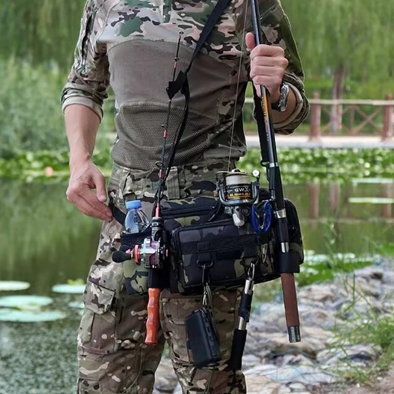 

Lure Box Gear Storage Bag Fanny Pack for Men Fishing Tackle Backpack Fly Fishing Backpack with Rod Holder Sling Shoulder Bag