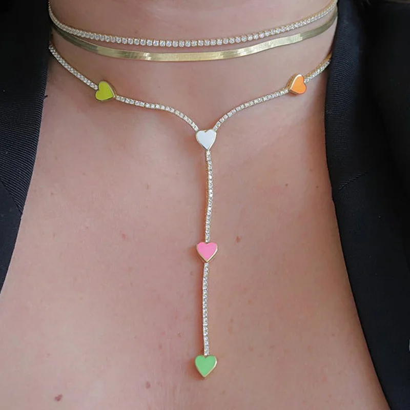 pinky white red green colorful girl women jewelry pastel candy enamel heart charm choker chain long Y lariat women sexy necklace