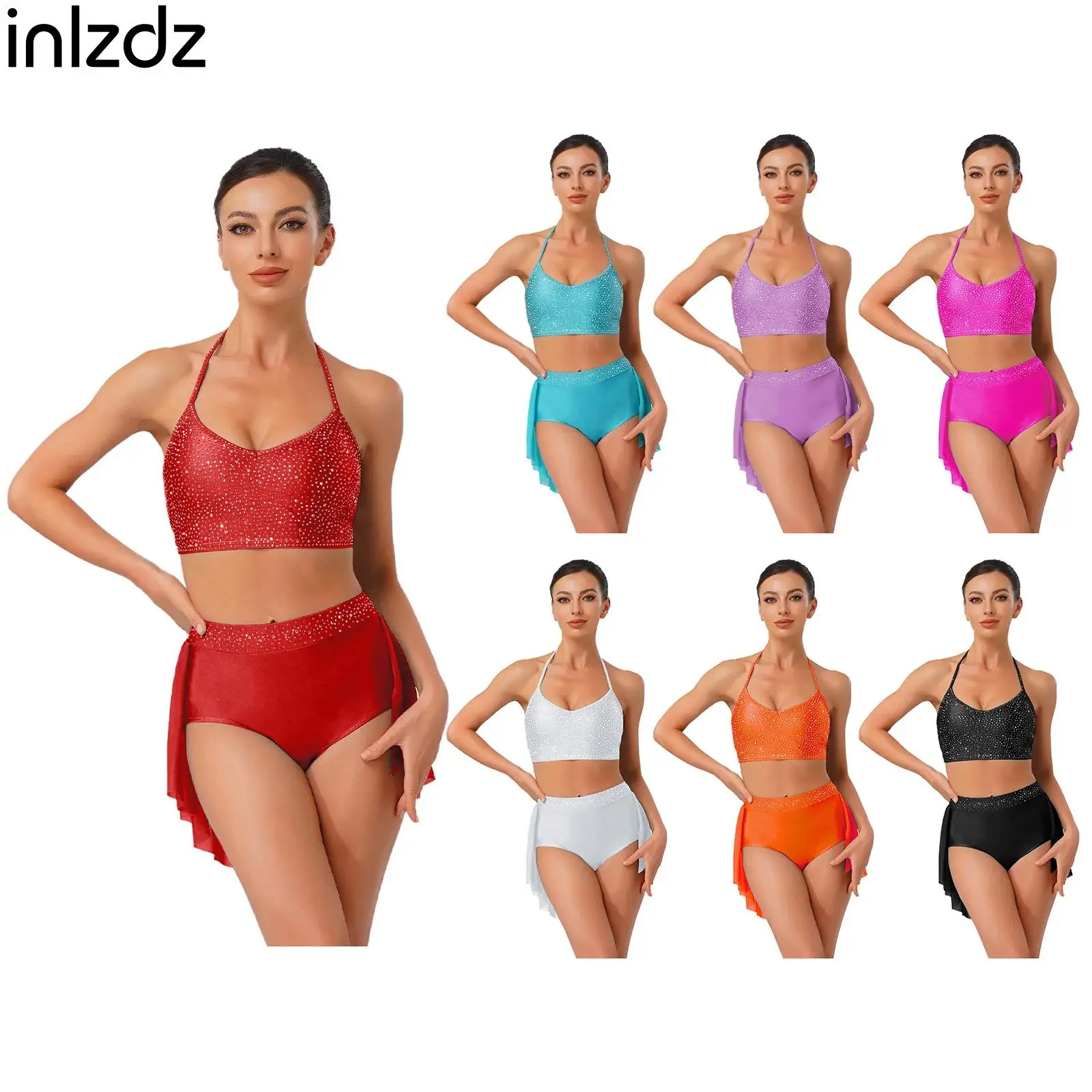 

Womens Adult Lyrical Modern Figure Skating Dance Costume Rhinestone Backless Camisole Top+Skirted Shorts 2-piece Dancewear Sets