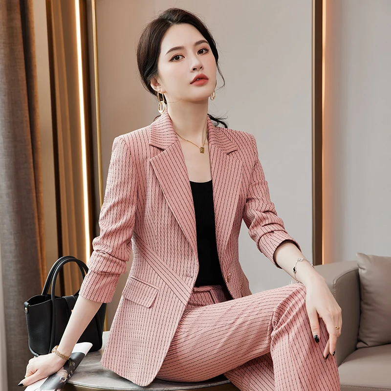 High Quality Fabric Elegant Striped Business Blazers Suits Autumn Winter Professional OL Styles Pantsuits for Women Ladies Work