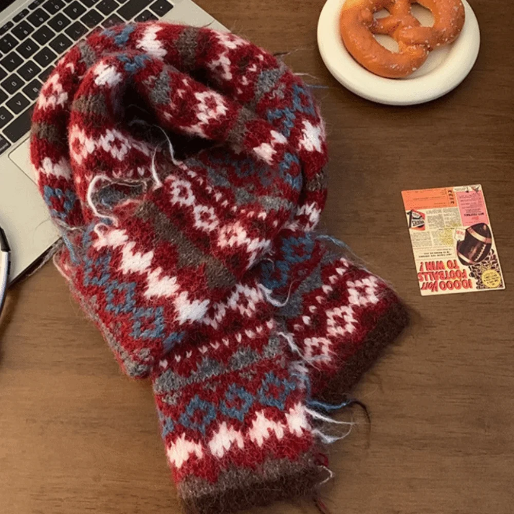 

Теплый жаккардовый вязаный шарф с принтом, винтажный шарф в стиле Fair Isle, защита от холода, шерстяной зимний шерстяной шейный платок