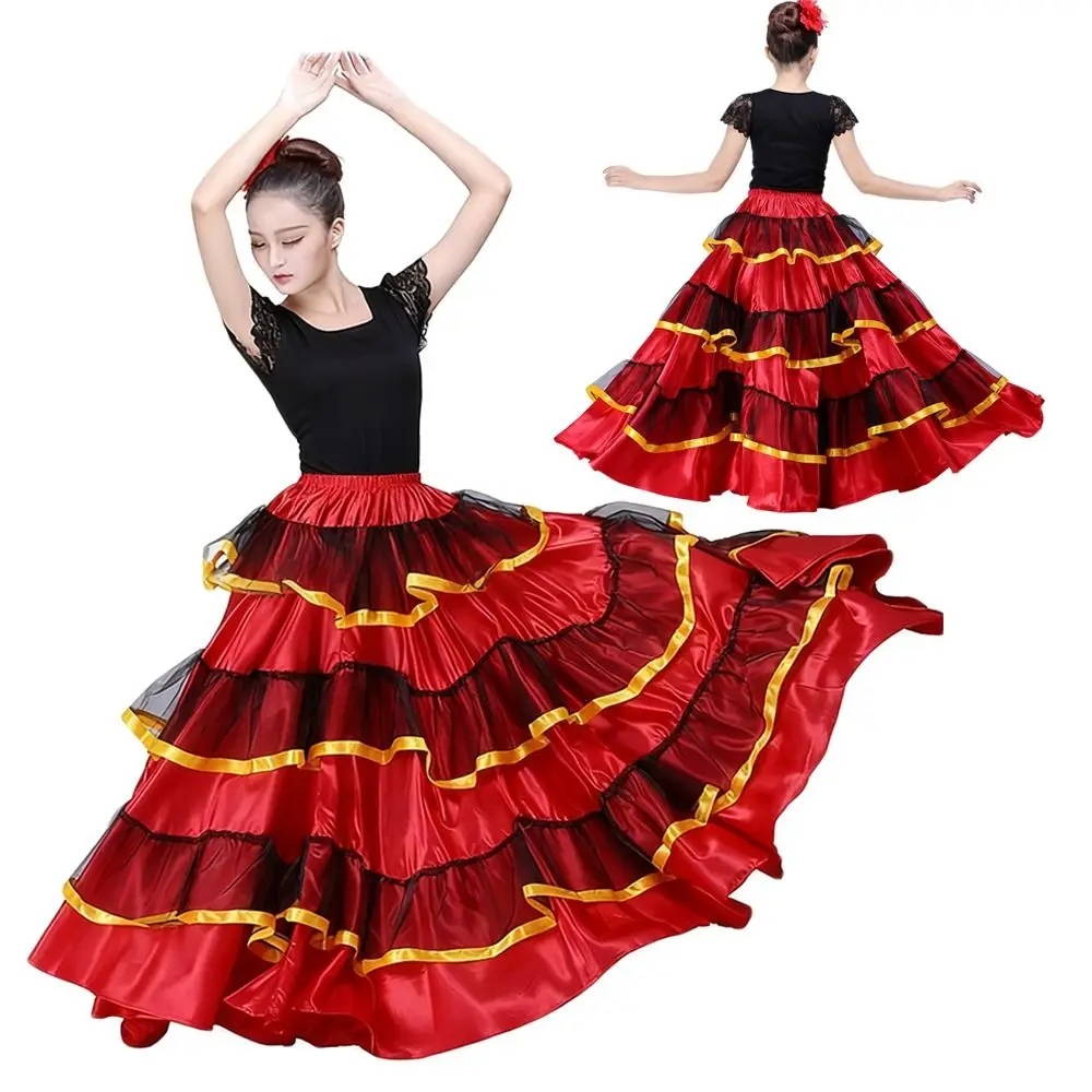 Fashion Smooth Spanish Flamenco Skirt Big Swing Polyester Belly Dance Costumes Party Ballroom Dance Gypsy Women Skirt Women