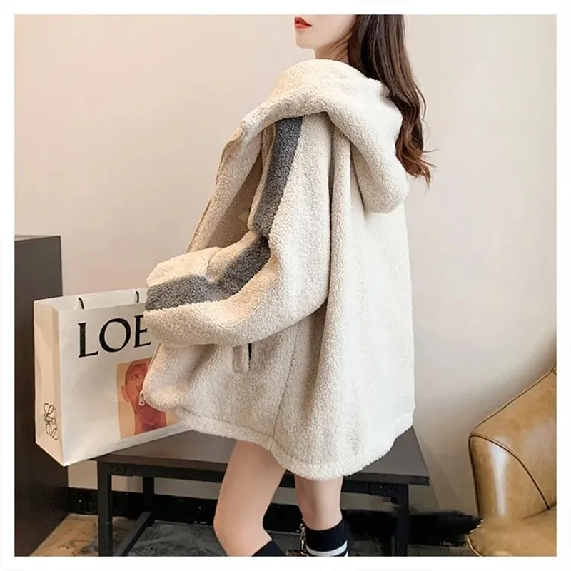 Lamb plush jacket for women loose fitting Korean autumn/winter 2023 new versatile plush and thick hooded sweaters in fashion