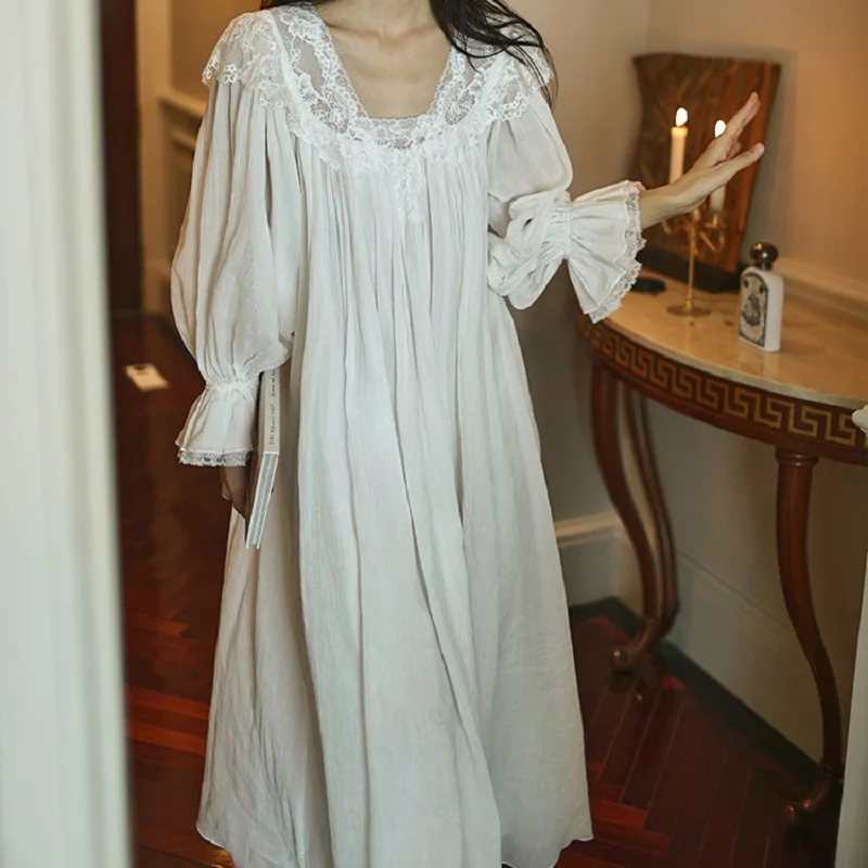 Delicate Vintage Embroidery Cotton Women's Long Nightgowns With Breast Pads Luxury Sleepwear Elegant Loose Spring Autumn Dress - Image 5