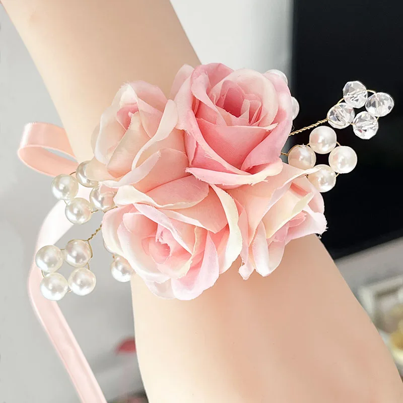 Pink Wedding Accessories Wrist Corsage Bracelet For Girlfriend Bridesmaids Cuff Flower Silk Roses Artificial Flowers Bride Decor