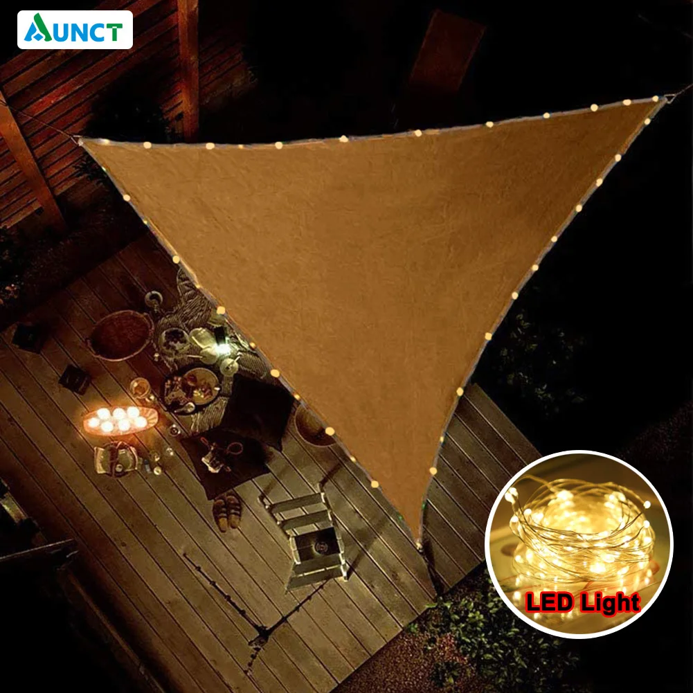 10‘x10'x10ft Triangle Waterproof Shade Sail Awning Outdoor Romantic Warm 420D Oxford Sun Shade LED Light String gazebo Garden