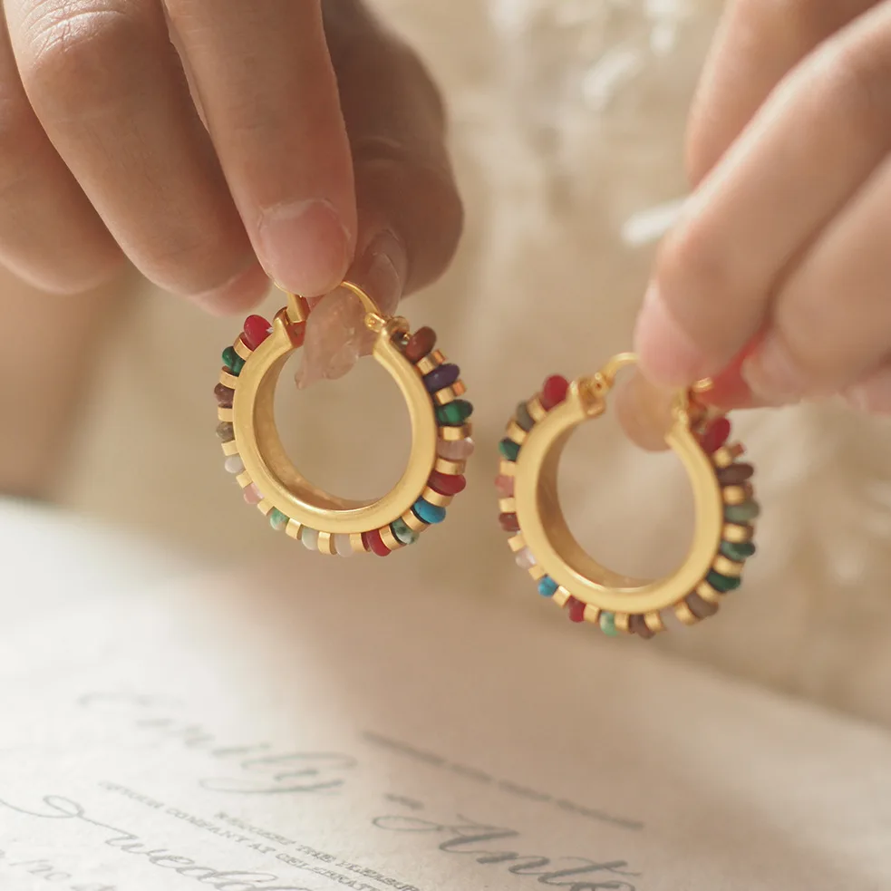 

Niche Greek Hoop Studs - Beaded Multicolor Dopamine Vintage Euro-American Style
