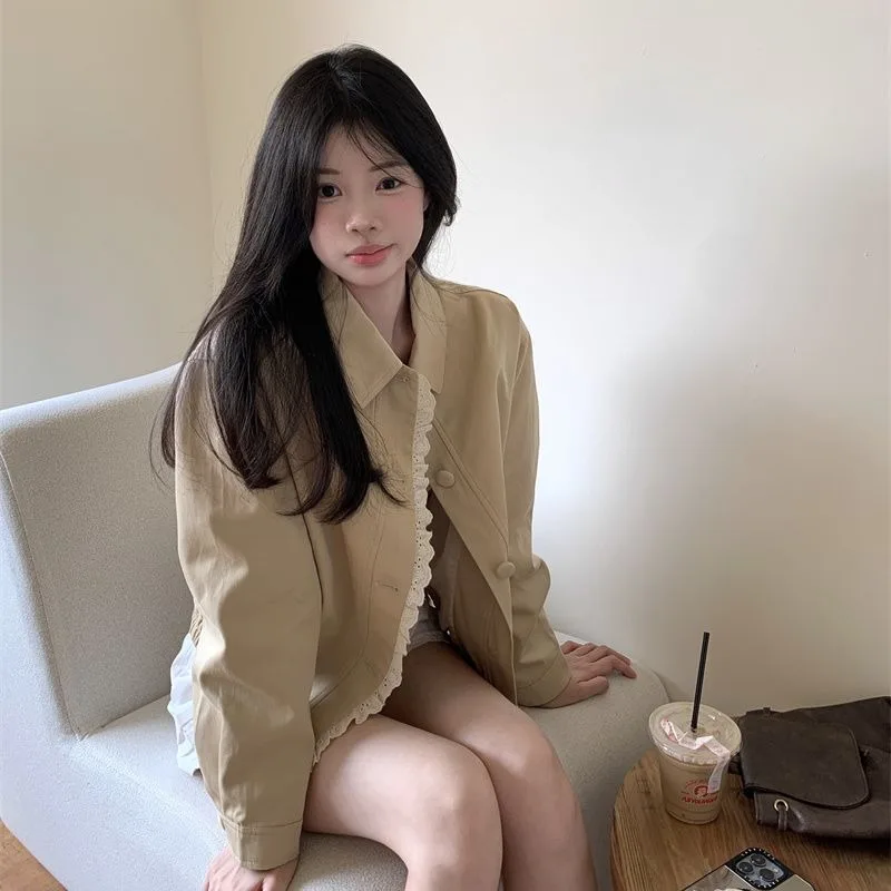 Lace Splicing Lapel Long-sleeved Jacket Women's 2026 Spring New Short Design Baseball Jersey Top Trendy