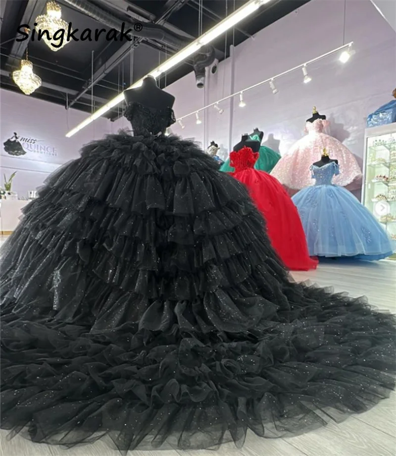 Vestido de baile com babados com renda, vestidos Quinceanera pretos, 16 vestidos de baile, novo design, 15 anos