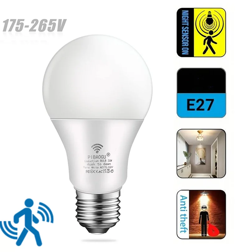 E27 B22 Żarówka LED Lampa LED Czujnik ruchu PIR AC220V 6W-20W Czujnik radarowy Automatyczne włączanie/wyłączanie światła nocnego do domowego oświetlenia parkingowego