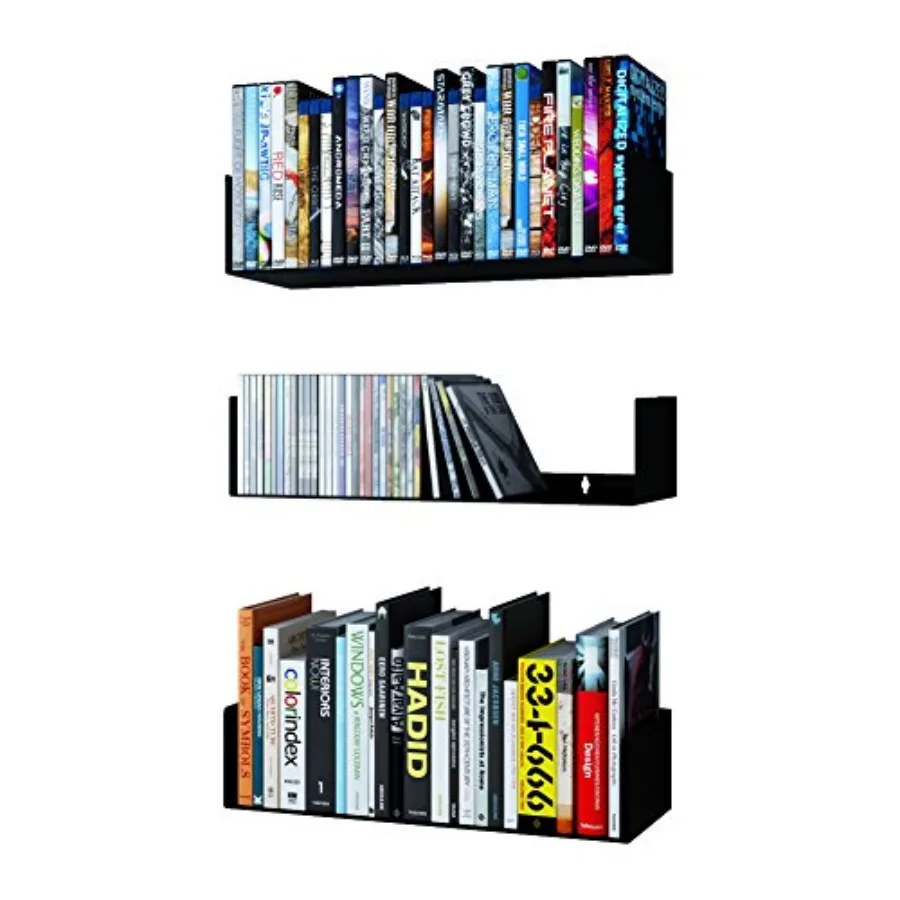 

Bali Bookshelf and CD DVD Storage Shelf Set of 3 Metal Floating Book Shelves for Wall