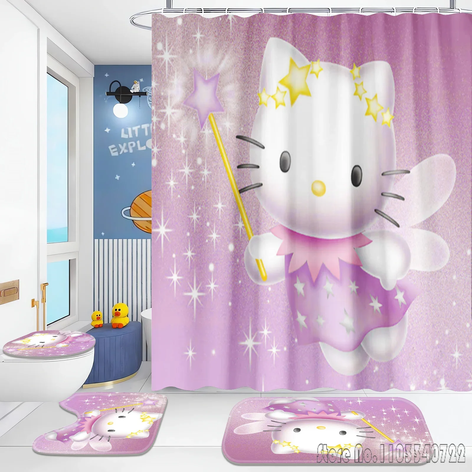 Hello Kitty Home  Shower Curtain 4 Piece Bathroom Set Mats And Waterproof Accessories Sets Luxury Curtains For Anime