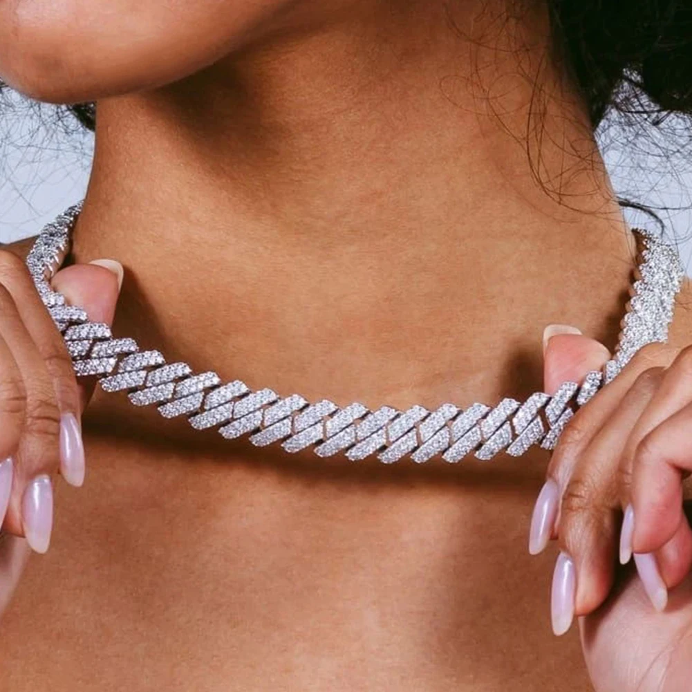 14MM Silver Color Prong Miami Cuban Link Chain Necklace For Women Hip Hop Iced Out Square Cuban Link Choker Wedding Jewelry Gift