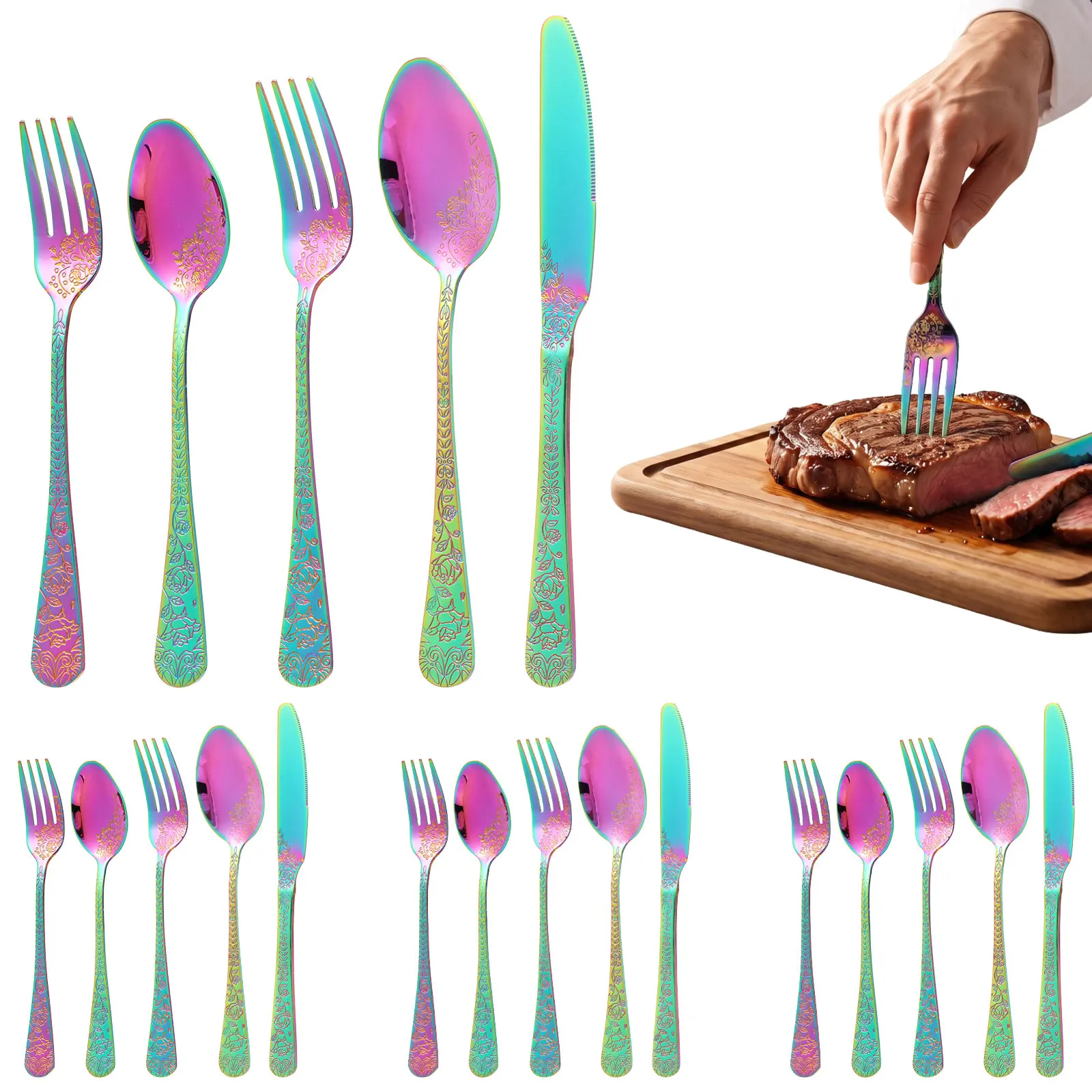 20/24-teiliges Besteckset mit Rosenblüten-Gravur, Edelstahl-Besteckset, hochwertiges Messer, Gabel und Löffel, spülmaschinenfest, für den Haushalt