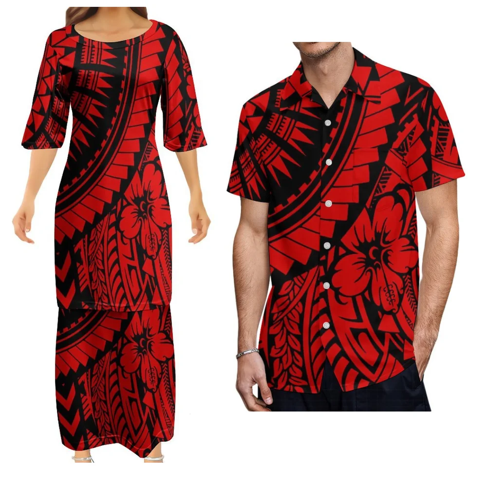 Conjuntos de Roupas de Casal Polinésias, Vestido Puletasi Feminino, Camisa Aloha Masculina, Estampa Tribal Tapa das Ilhas do Pacífico, Tamanhos Grande