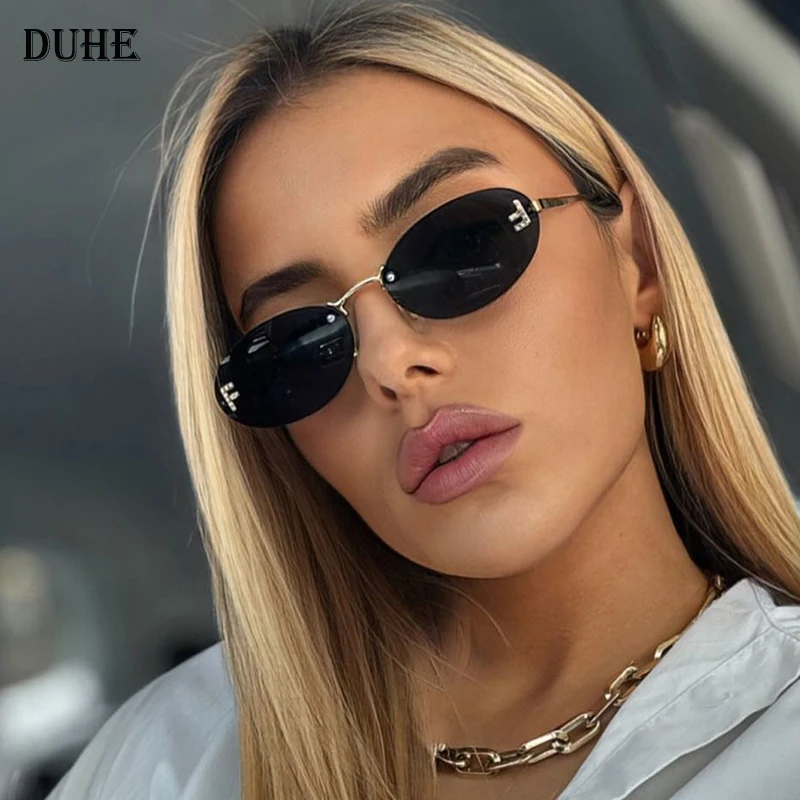 New Luxury F Letter Frameless Sunglasses Oval Retro Small Frame Sunglasses UV400 Protective women's fashion Metal sunglasses