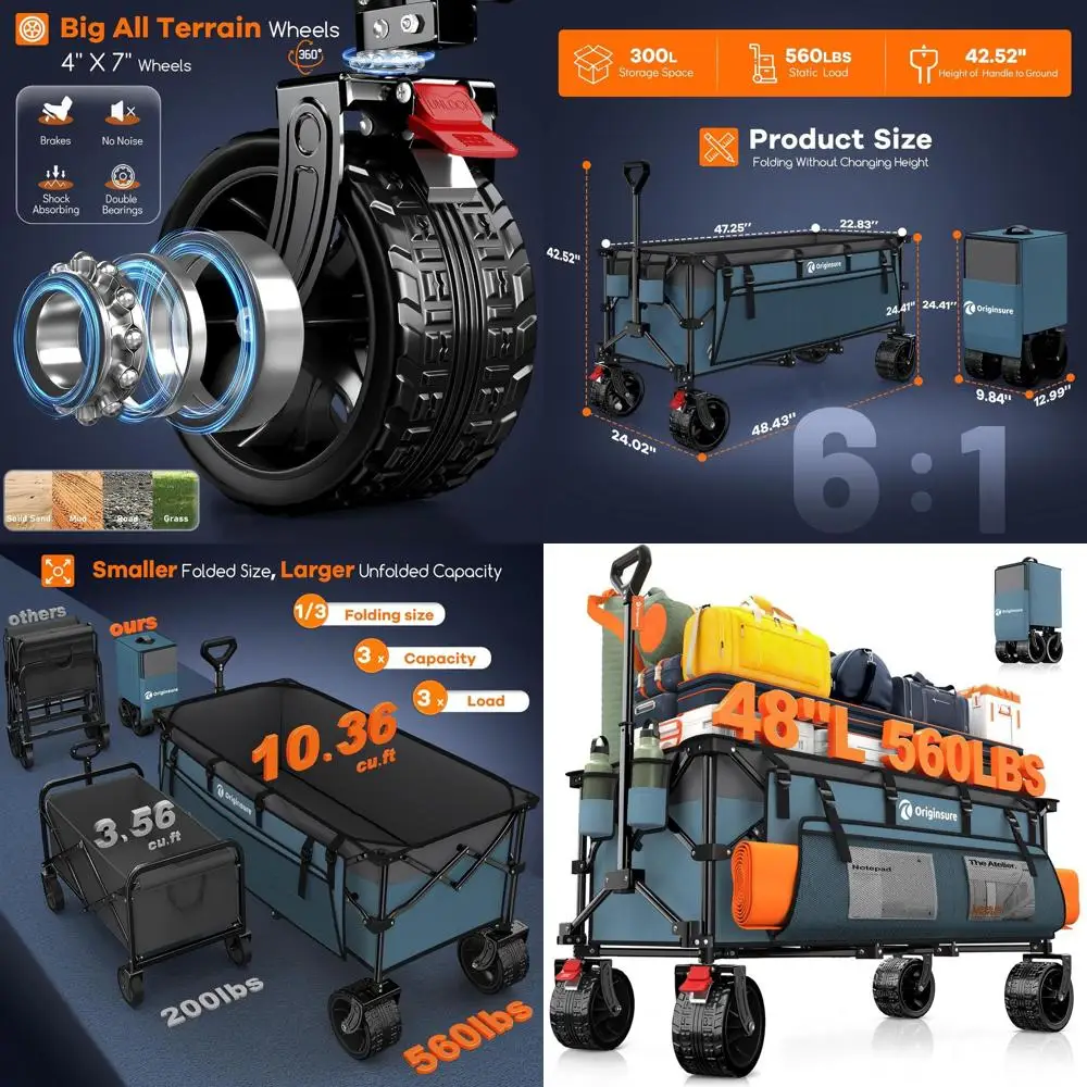

Складная тележка емкостью 560 фунтов, складная универсальная тележка объемом 300 л для пляжа, продуктов, кемпинга — серо-синяя