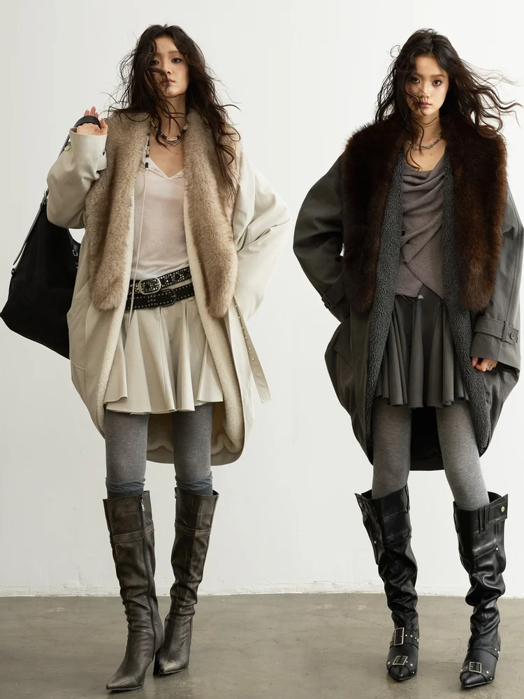 

JNYLON25AW Long ell Jaet Detachable Fur Collar Vintage Worn-look Commute Sle Women's Outerwear Winter Season Single Button