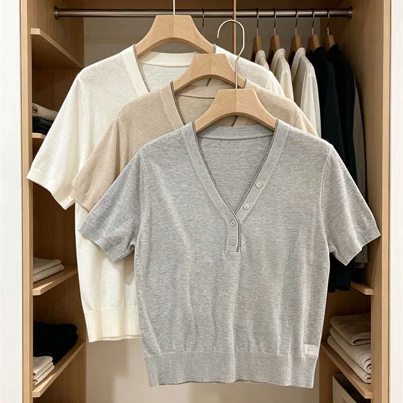women's Silk linen V-neck short sleeved versatile knitted sweater top