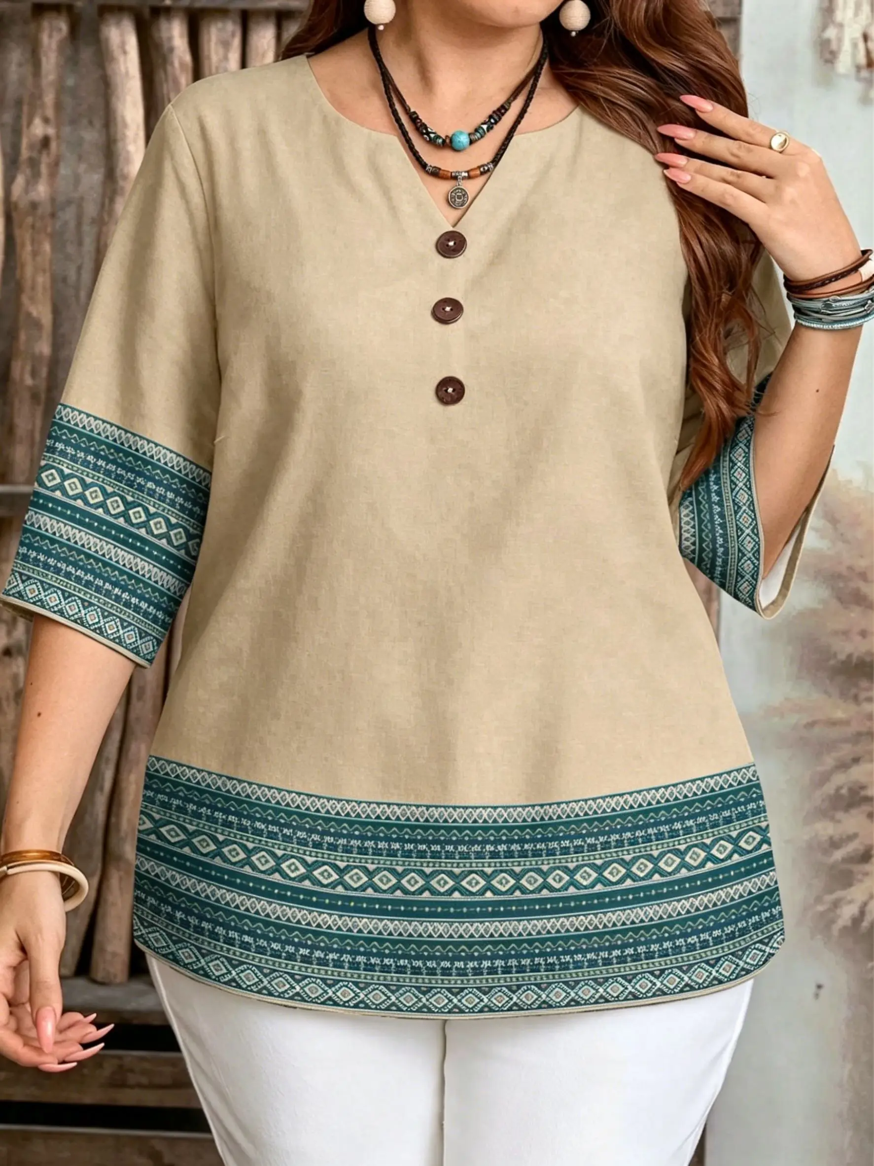 Geometric Cross Stripe 3D Print Women Blouse Notch V Neck 3/4 Sleeve Casual Office Tops 4 Color Options Available