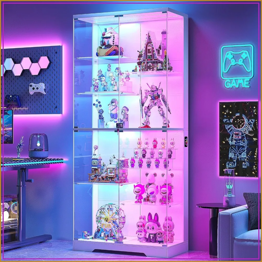 Lvifur 10-Tier Glass Display Cabinet with RGB Light Motion Sensor White