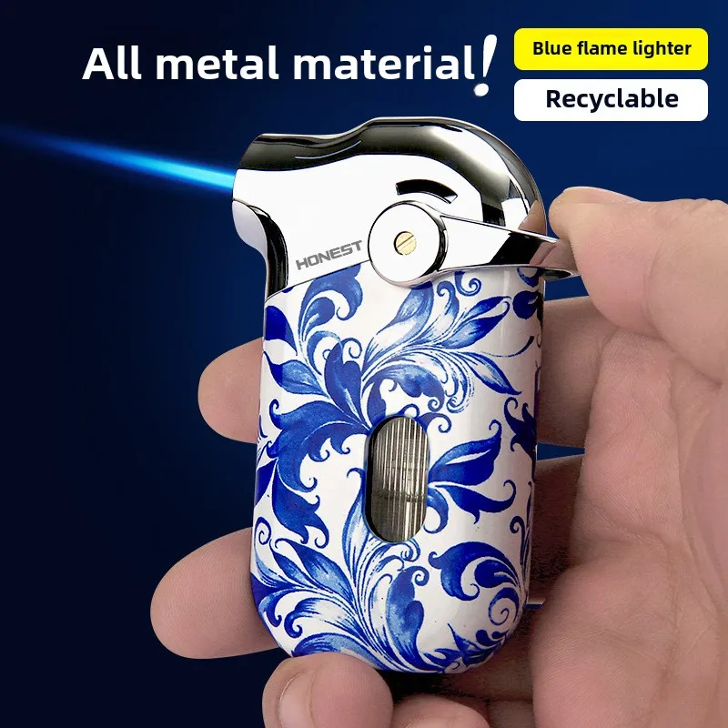 

HONEST Blue and White Porcelain Windproof Butane Torch Lighter, Refillable Blue Flame for Cigar & BBQ - Metal Men's Gift