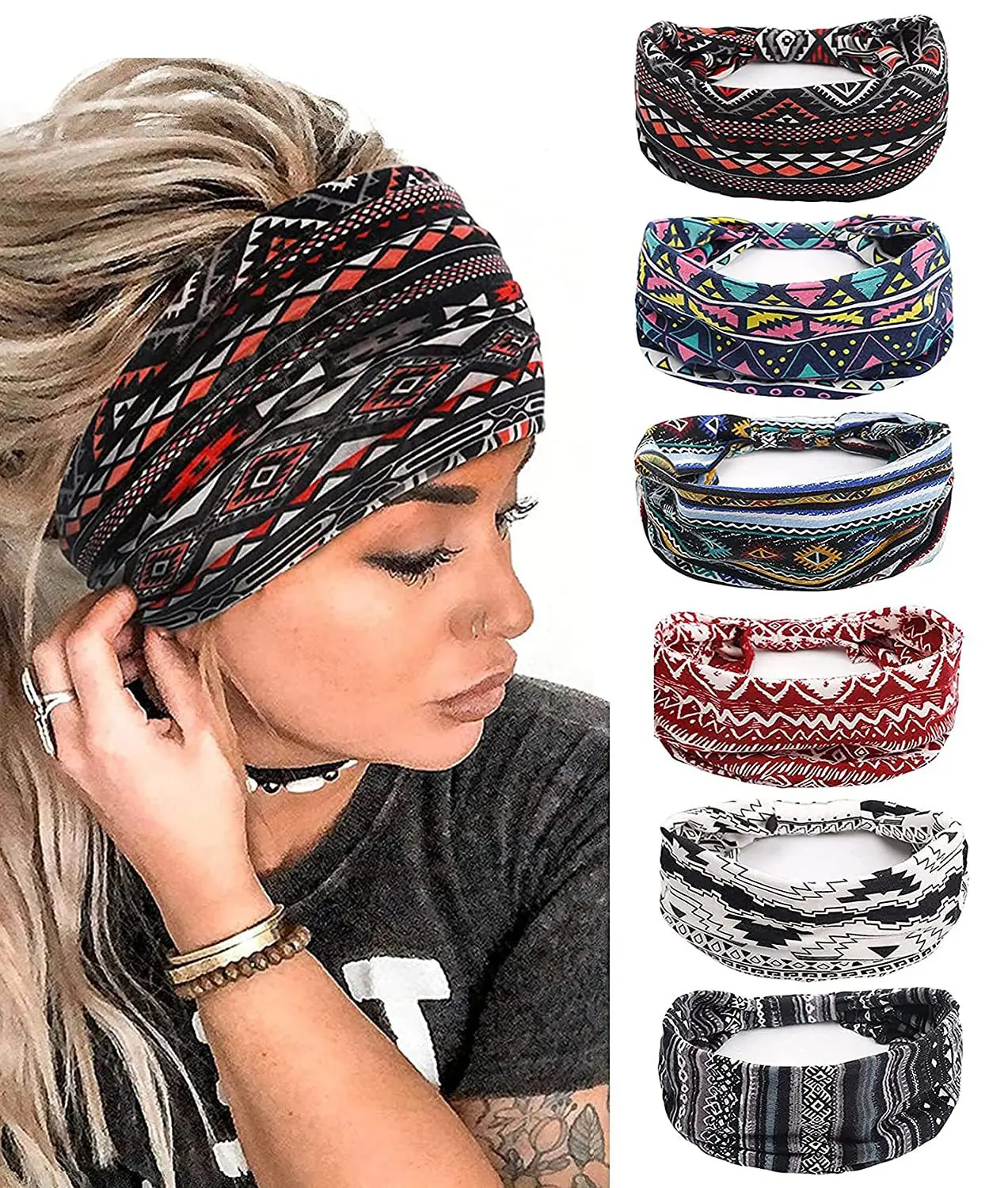 Wide Bandana headbands for Women Boho Bandeau Headbands Knot Hair Scarf Bands Stretch Floral Printed Non Slip Headbands Elastic