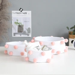 Pompom Cotton Rope Storage Boxes Hand Woven Baskets Kids Dirty Clothes Laundry Basket Toys Desktop Sundries Organizer Accessory