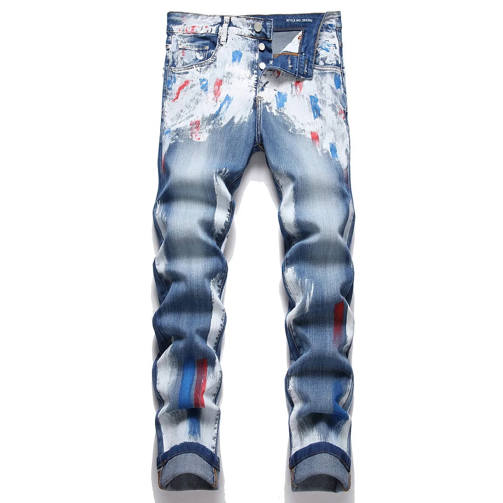 

Men's Painted Button Fly Denim Jeans Streetwear Blue Stretch Pants Slim Tapered Trousers