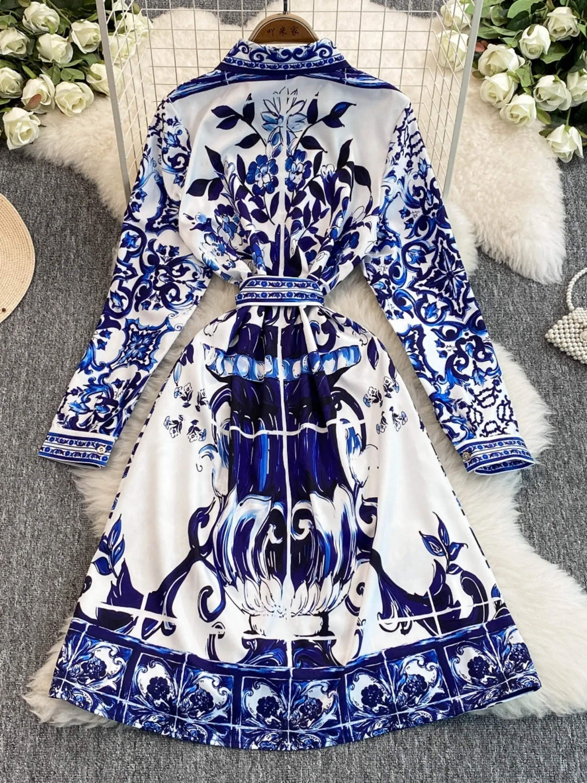 Autumn Retro Court Style Temperament Single Breasted Blue White Red Porcelain Print Long Sleeve Floral Short Dress Shirt Women