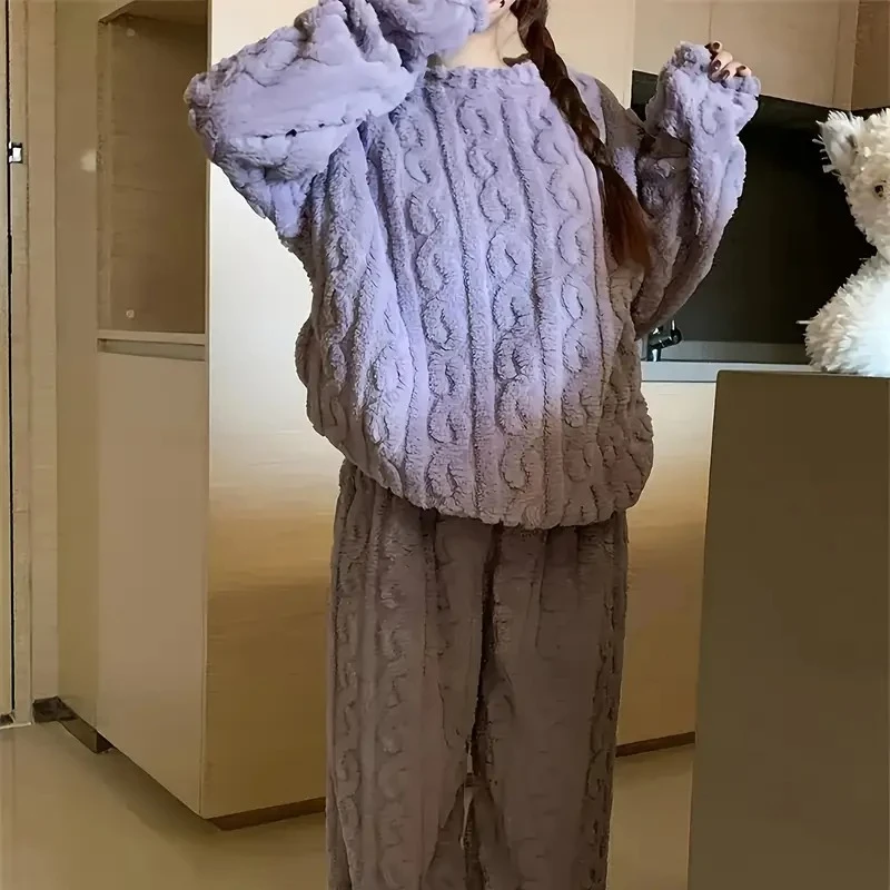 Winter Coral Fleece Pajama Set for Women Jacquard Loungewear Warm Outerwear for Home Christmas Holiday Back to School Gifts