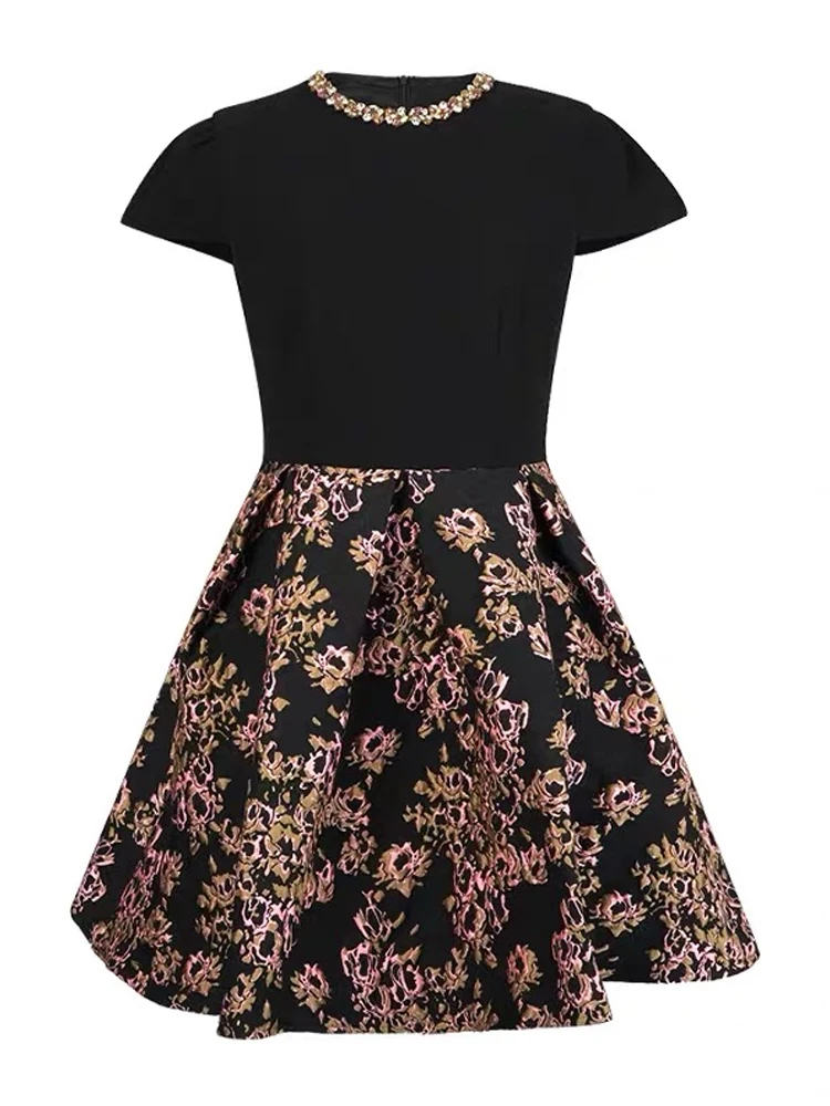 เสื้อผ้าผู้หญิงสีดำแจ็คการ์ด O-คอสลิมเอ-ไลน์มินิชุดสั้นหรูหราแฟชั่นปาร์ตี้พรหมชุดเดรสโอกาสที่เป็นทางการใหม่