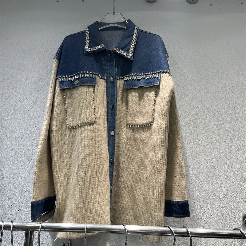 

SuperAen European and American Style Autumn New Denim Patchwork Knitted Coats Contrasting Colors Diamonds Retro Loose Jackets