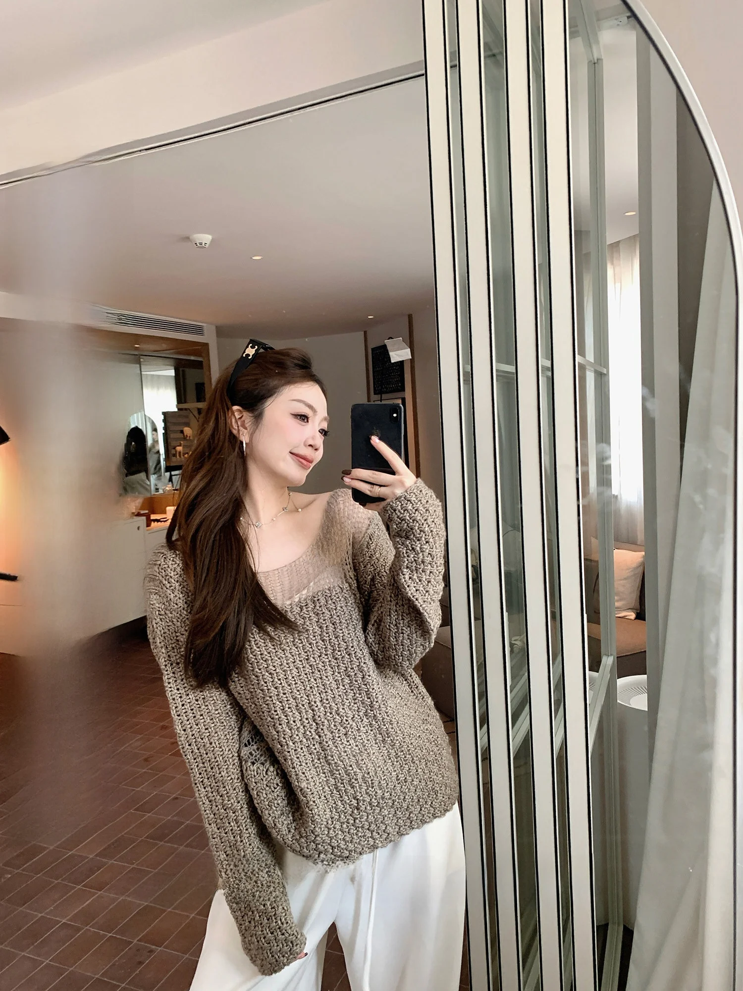 

Aeo Hollow out Splicing Women's Knitwear Design Sensation Small ence Autumn Winter Loose Fit Long Sve Sweater