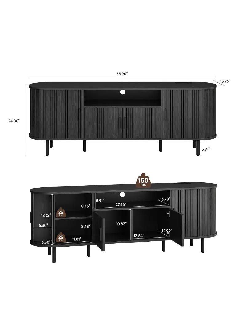 69" Fluted TV Stand w/Power Outlet for TVs up to 80 Inch, Black, Customized
