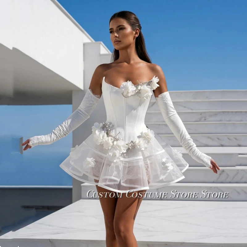 Beach Short Bridal Gown Strapless Design 3D Floral Waist Accents Bohemian Tulle Skirt Widding Dresses Customized vestidos de nov