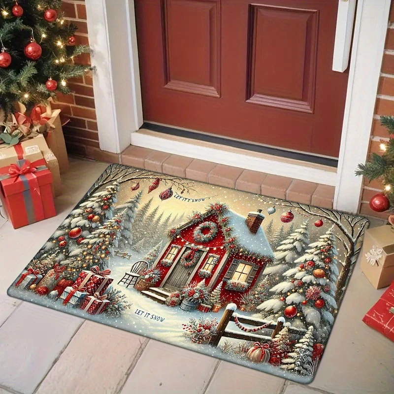 Winter Christmas Cottage Doormat, Non-Slip Entryway Mat, Festive Front Door Foyer Rug, Holiday Party Decor, Home Decoration