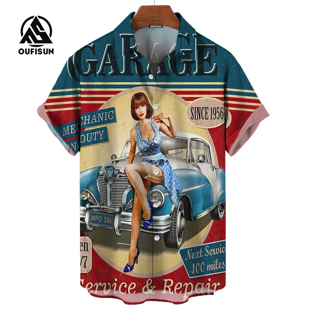 Camicia da uomo Retro moto risvolto camicia abbottonata estate manica corta abbigliamento strada Casual vestiti larghi 2024 camicia hawaiana