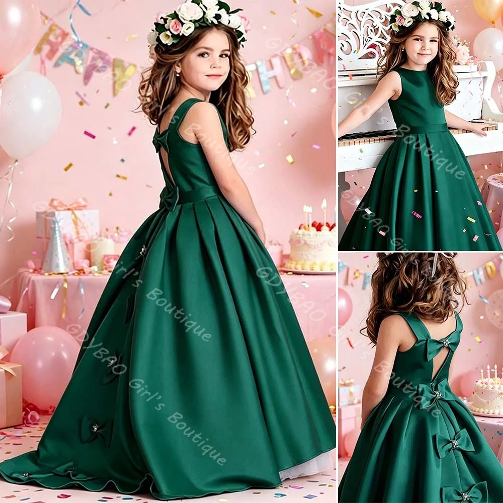 A-line/Princess Satin Flower Girl Dress for Wedding Beaded Bow-Knot Round Neck Birthday Communion Dress Customized Kids Clothing