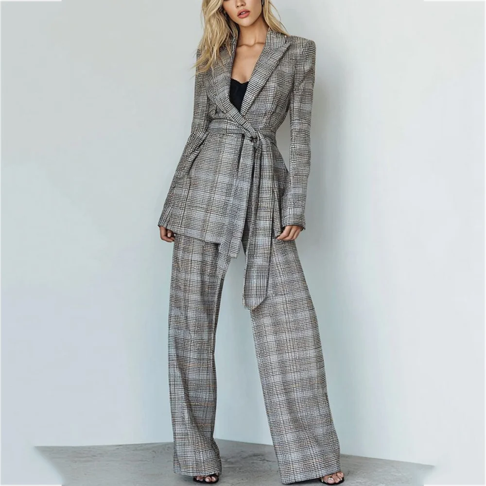 

Модные клетчатые женские костюмы, пиджак с остроконечными лацканами и поясом, свободная повседневная новая осенняя одежда, повседневный комплект из двух предметов, брюки-джасет