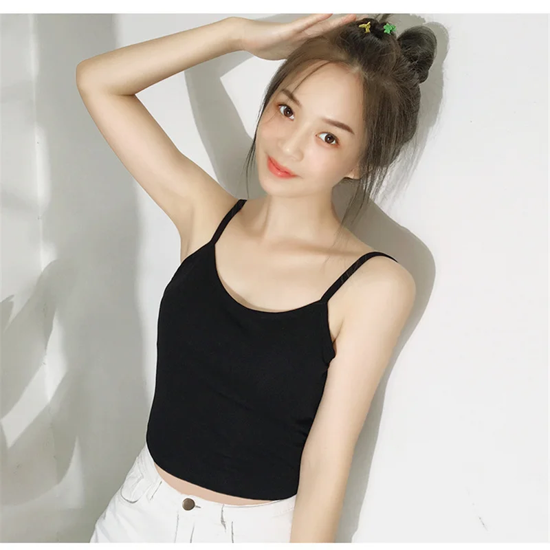 2022 summer new crop tops sexy spaghetti strap tanke top women built in bra off shoulder solid color sleeveless camisole ins