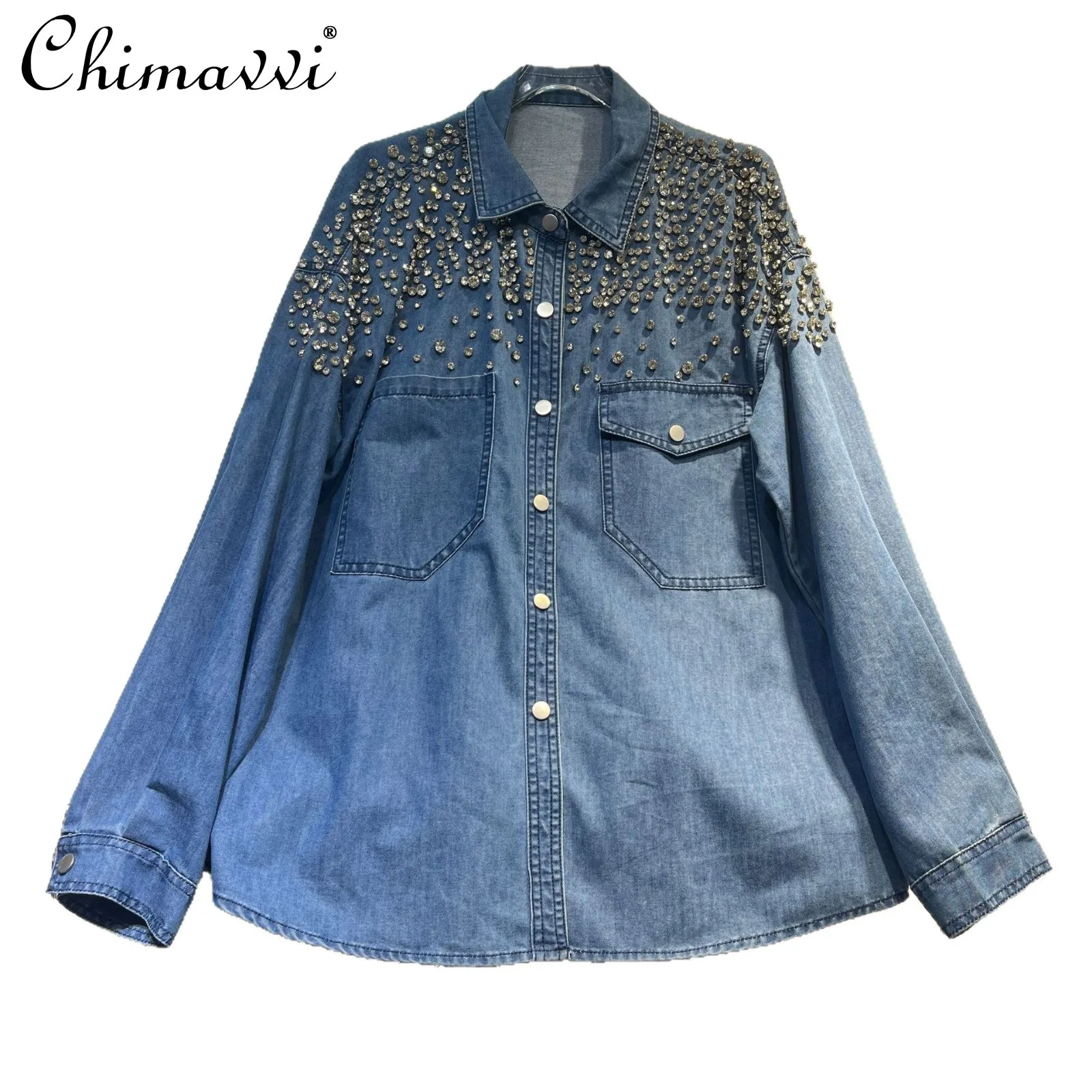 Damen-Jeanshemdjacke mit schwerem Strassstein, 2025, Herbst, neue Mode, Perlen-Denim-Design, langärmelig, lockeres Hemd, Damen-Oberteil