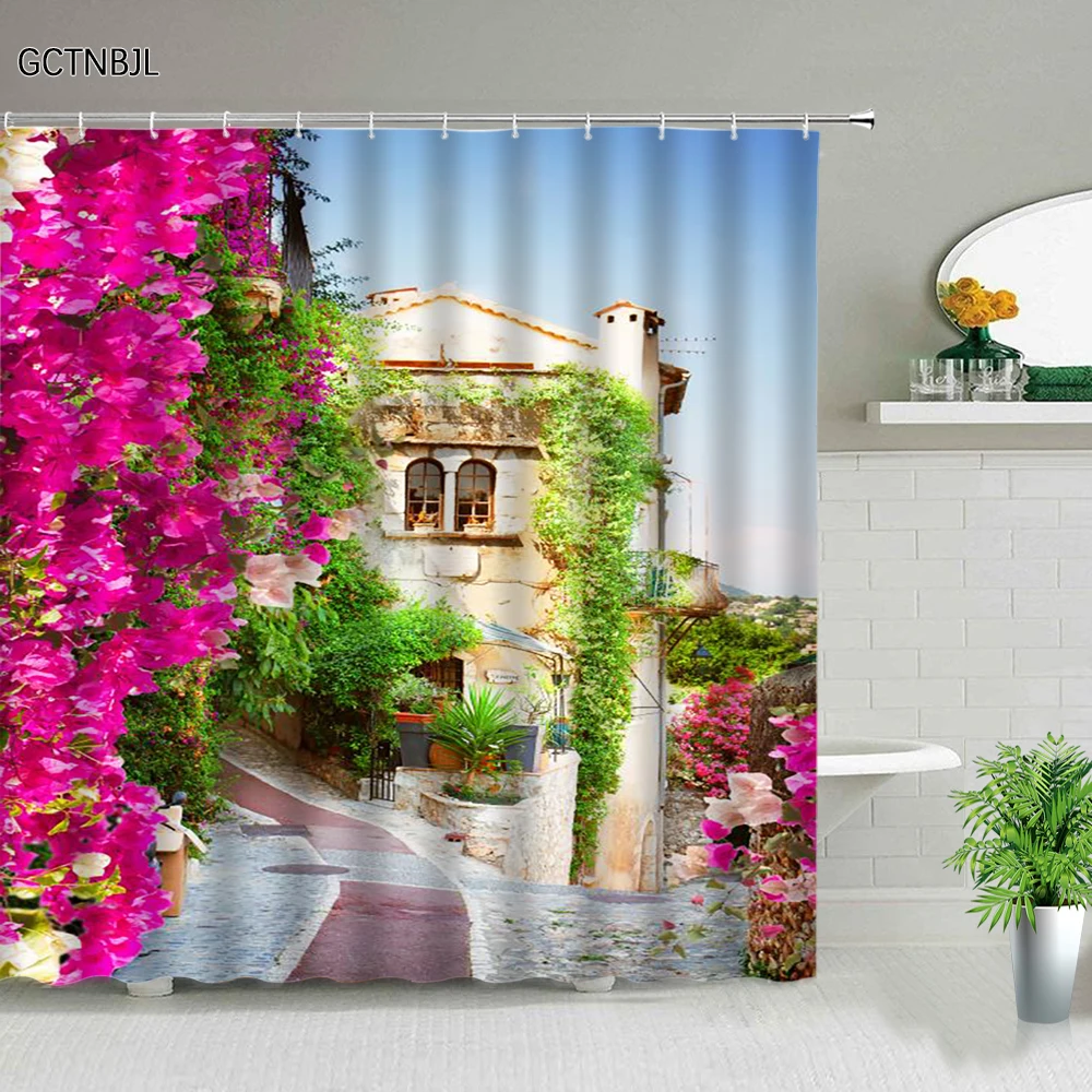 3D Europe Seaside Town Shower Curtain Flower Vine Courtyard Nature Scenery Polyester Fabric Home Decor Hook Bathroom Accessories