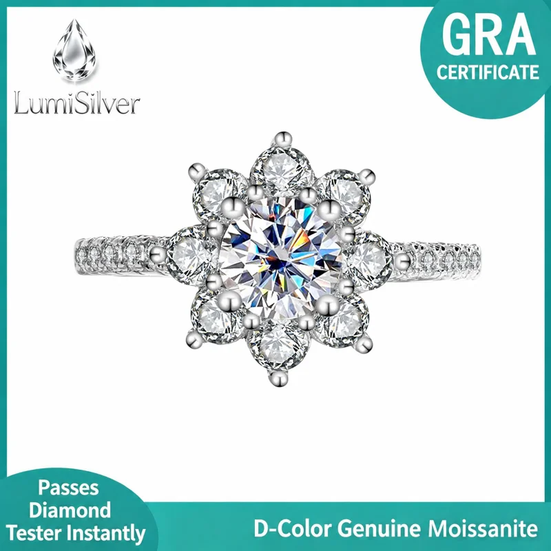 Women's 925 Sterling Silver Moissanite Ring Floral Light Luxury Silver Jewelry