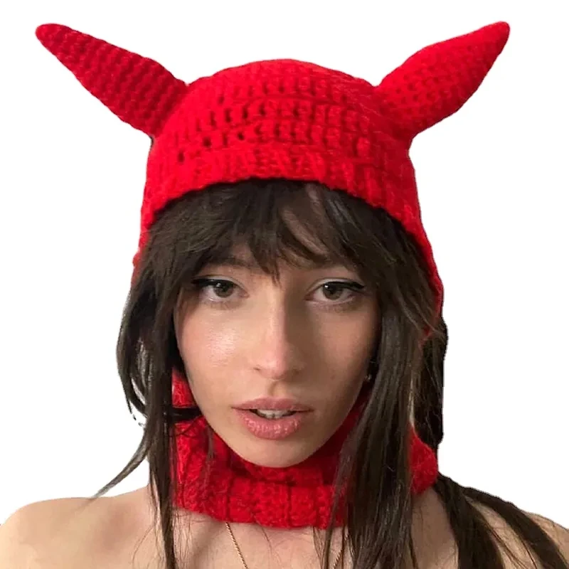 New Harajuku Women Halloween Hat Horn Shape Knitting Solid Color Color Winter Warm Loose Causal Cute Animals Ear Fashion Hot Red